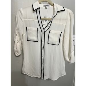 EXPRESS PORTOFINO BUTTON UP BLOUSE SHORT WHITE BLACK PIPING DETAIL NWT W FLAW XS